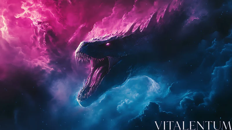 Cosmic dragon emerging from neon pink and blue clouds.