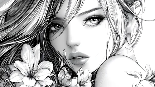 Monochrome anime portrait with botanical linework focus.