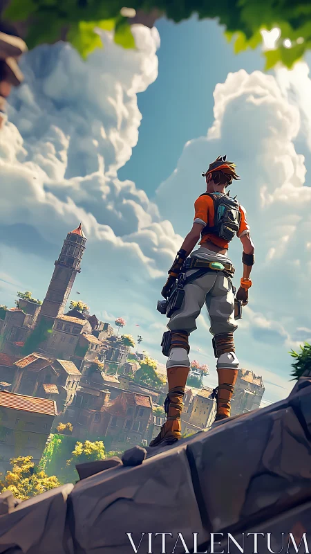 Young explorer overlooking a sunlit fantasy hillside town.