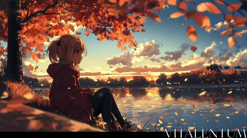 Autumn lakefront girl in sunset light with drifting leaves.