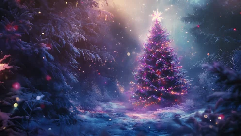 Enchanted winter Christmas tree glowing with gentle holiday light.