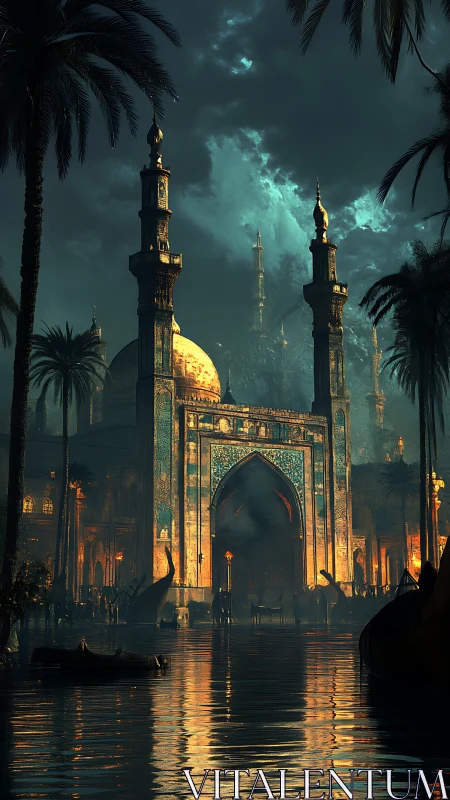 Golden riverside palace glows beneath a storm-laden night sky