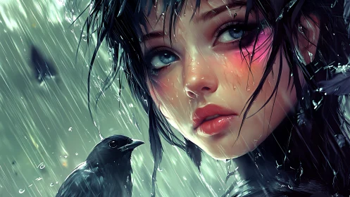 Rain-swept raven girl gazes through silver stormlight.