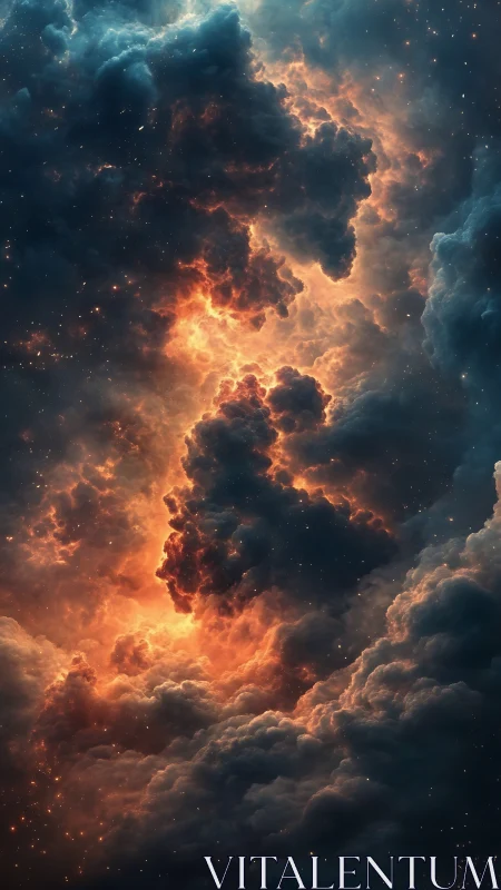 Stormlit nebula clouds glow warmly in a cosmic sky