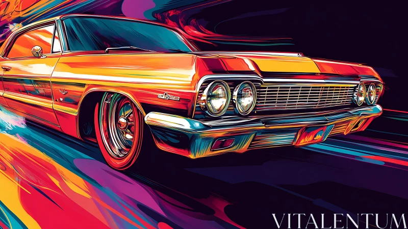 Retro lowrider cruises through bold neon color streaks.