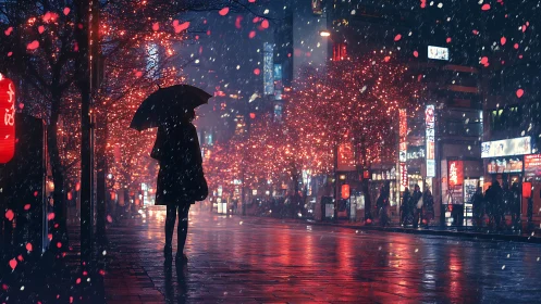 Soft rain glows over a quiet city street of crimson lights