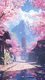 Cherry blossom street with pagoda under mountain sky.