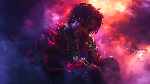 Moody neon portrait of a thoughtful musician in swirling smoke.