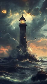 Storm-lashed stone lighthouse amid turbulent bioluminescent surf.