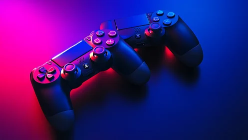 Dual Gaming Controllers Under Neon Gel Lighting with Magenta-Blue Chromatic Separation