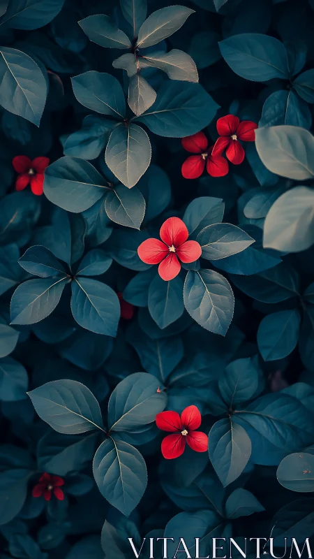 Red four-petaled flowers among dense dark green foliage.