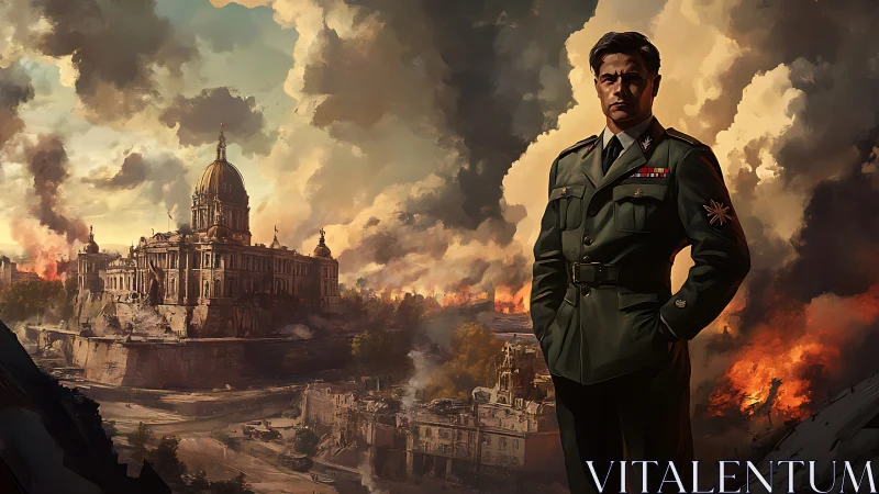 Military leader stands over burning imperial capital in ruins.