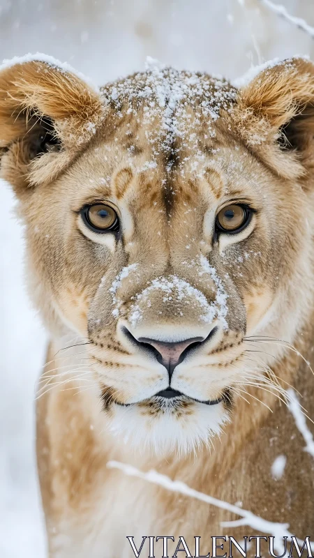 Lioness face in snow with frontal close-up perspective.