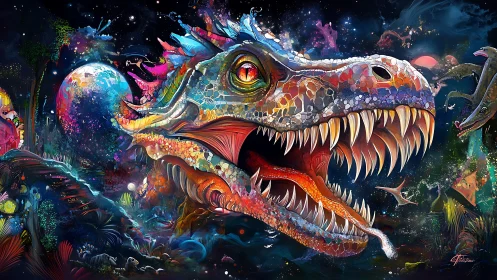 Chromatic cosmic dinosaur head with mosaic scales and nebulae