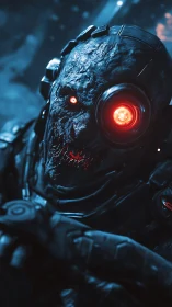 Scarred cyborg guardian watches with a single red eye