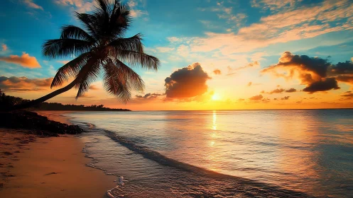 Palm leans into molten sunset while the shoreline whispers back