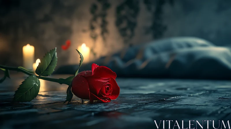 Red rose with candles on reflective floor in dim room.