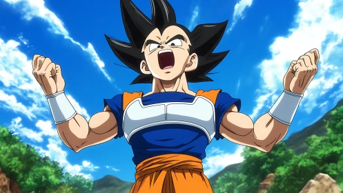 Anime warrior shouting in blue and orange battle armor.