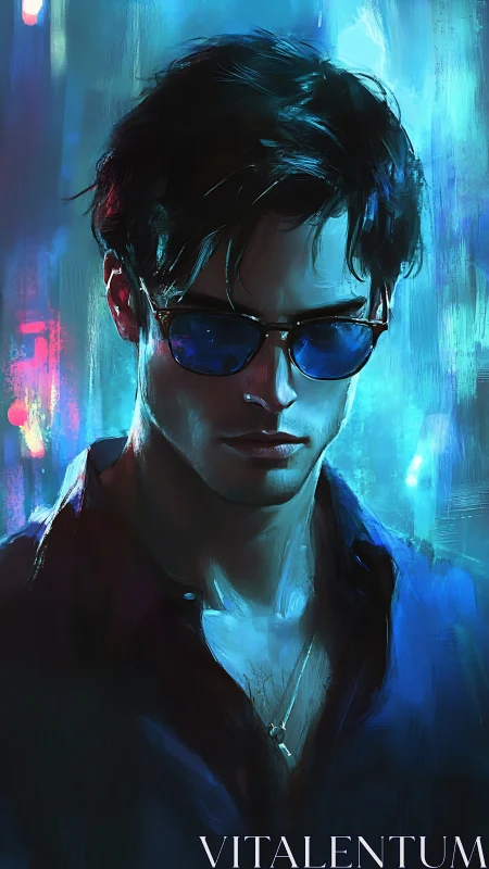 Neon blue-lit male portrait with reflective sunglasses and pendant