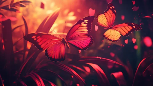 Bioluminescent red butterflies glide through a bokeh jungle haze
