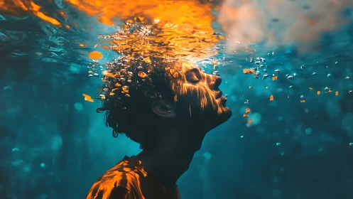 Submerged side profile under water surface with orange light.