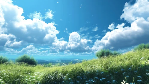 Sunny grassy hillside under deep blue sky with clouds.
