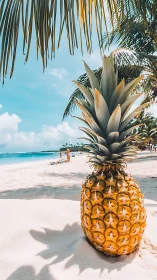 Golden pineapple positioned on white sand with tropical shoreline backdrop.