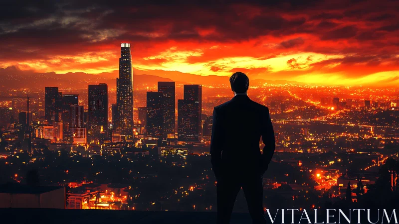 Businessman overlooks blazing city skyline at sunset
