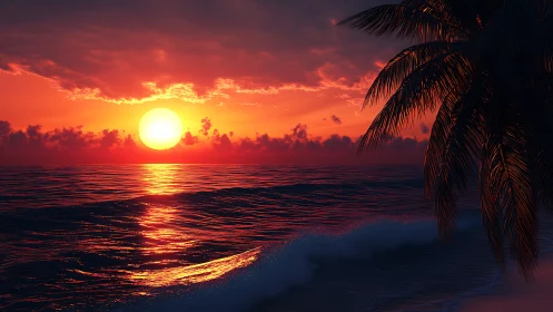 Crimson tides cradle the setting sun beneath quiet palms