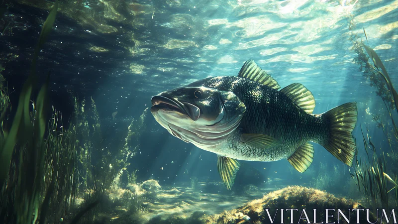 Sunlit underwater bass gliding through a peaceful river world.
