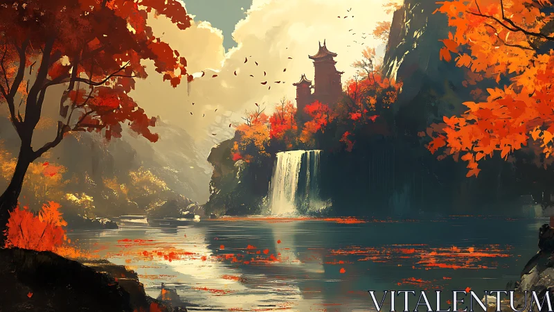 Golden autumn waterfall cradles a quiet hilltop temple
