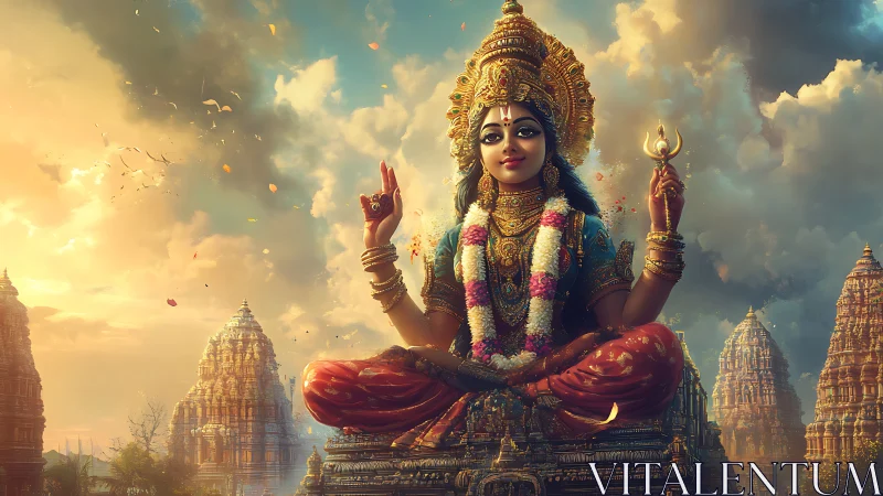 Radiant temple goddess afloat in sunrise-swept mystic clouds.