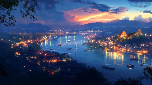 River city glows under sunset sky and distant mountains.