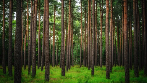 Tranquil Pine Forest with Tall Trees in Natural Daylight.