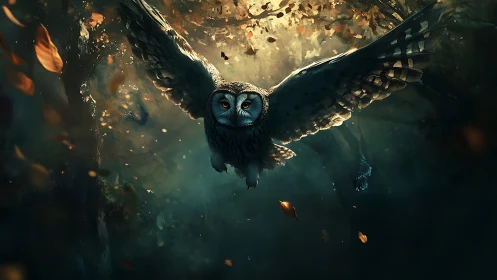 Majestic owl in flight through mystical forest at dusk, digital art.