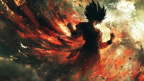 Spiky haired warrior amid radial red and orange energy field.