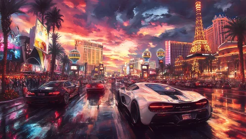 High-gloss supercars traverse neon-lit Las Vegas strip at sunset