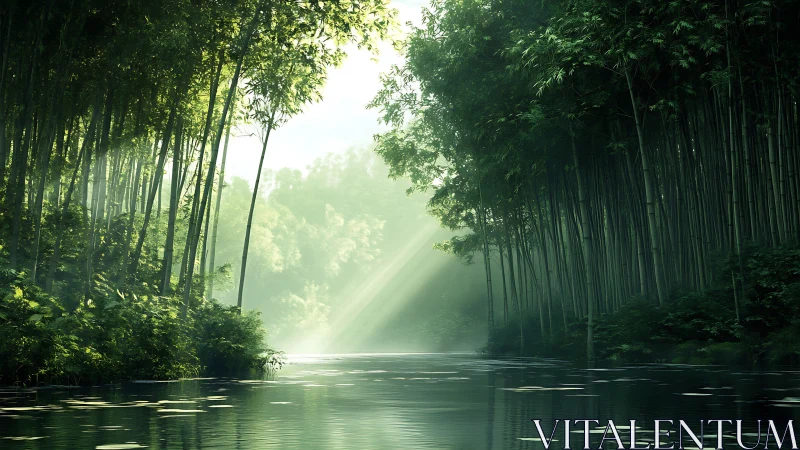 Misty Bamboo Forest Stream with Radiant Light.
