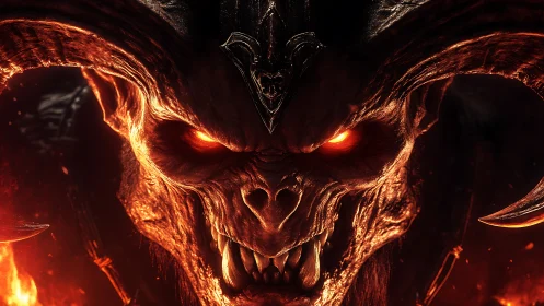 Infernal horned demon portrait with emissive lava-lit anatomy.