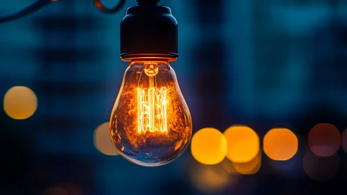 Illuminated filament bulb with blurred urban background.