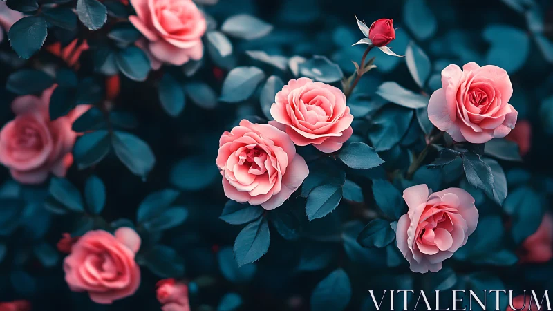 Coral Roses Against Teal Foliage in Soft Light.