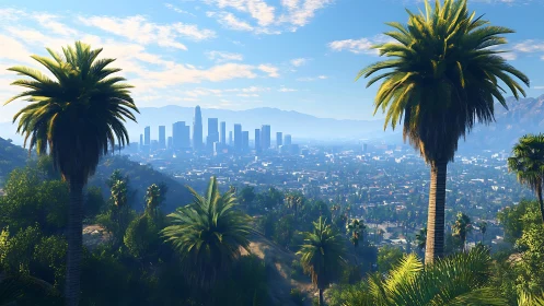 Sunlit hillside palms overlook distant modern city skyline