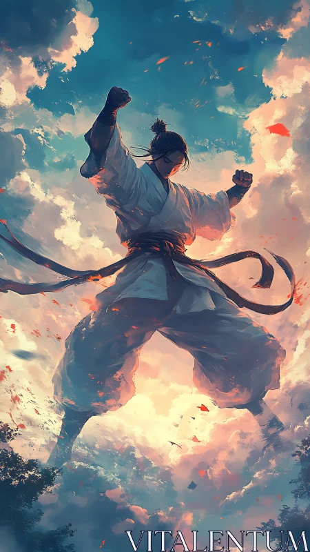 Skybound martial artist punching dawn into existence.