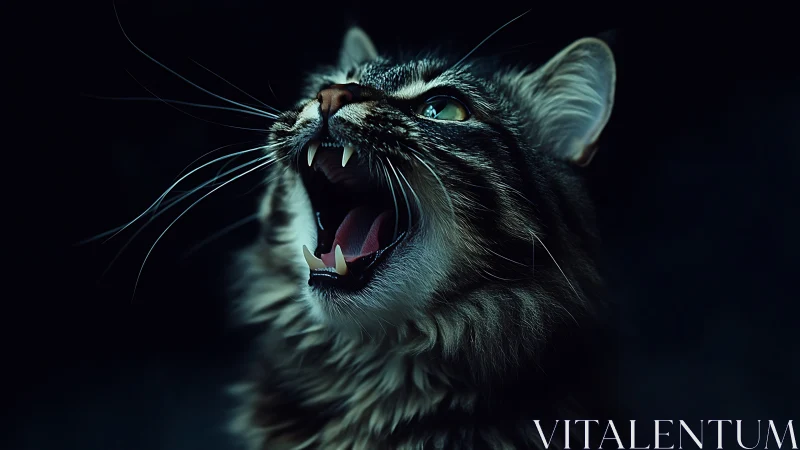 Fierce tabby cat yowls under dramatic low key lighting.