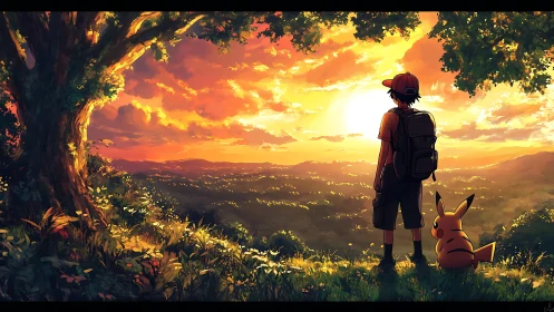 Sunset hike shared by a young trainer and tiny companion.