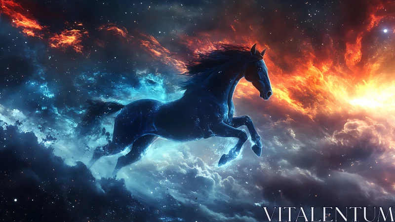 Astrophysical horse silhouette traversing bifurcated nebula field.