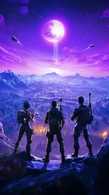 Triadic squad overlooking luminescent lunar battlefield vista.