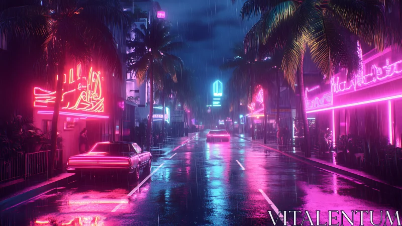 Neon-soaked retro street glows under warm tropical rain.