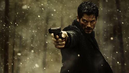 Man holding handgun in snowy outdoor environment.