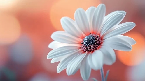 White Daisy. Pink Center Against Warm Sunset Bokeh.